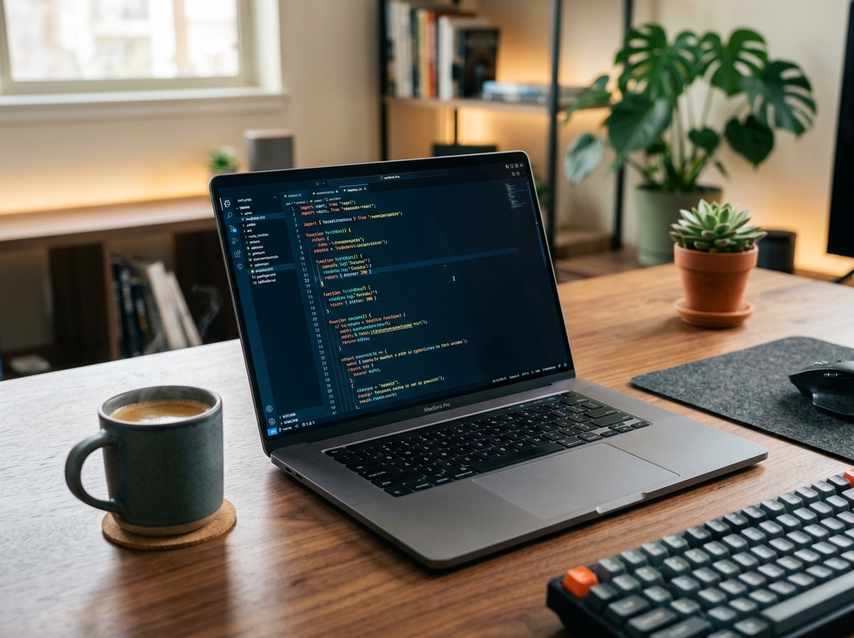 Modern developer workspace showing laptop with code editor